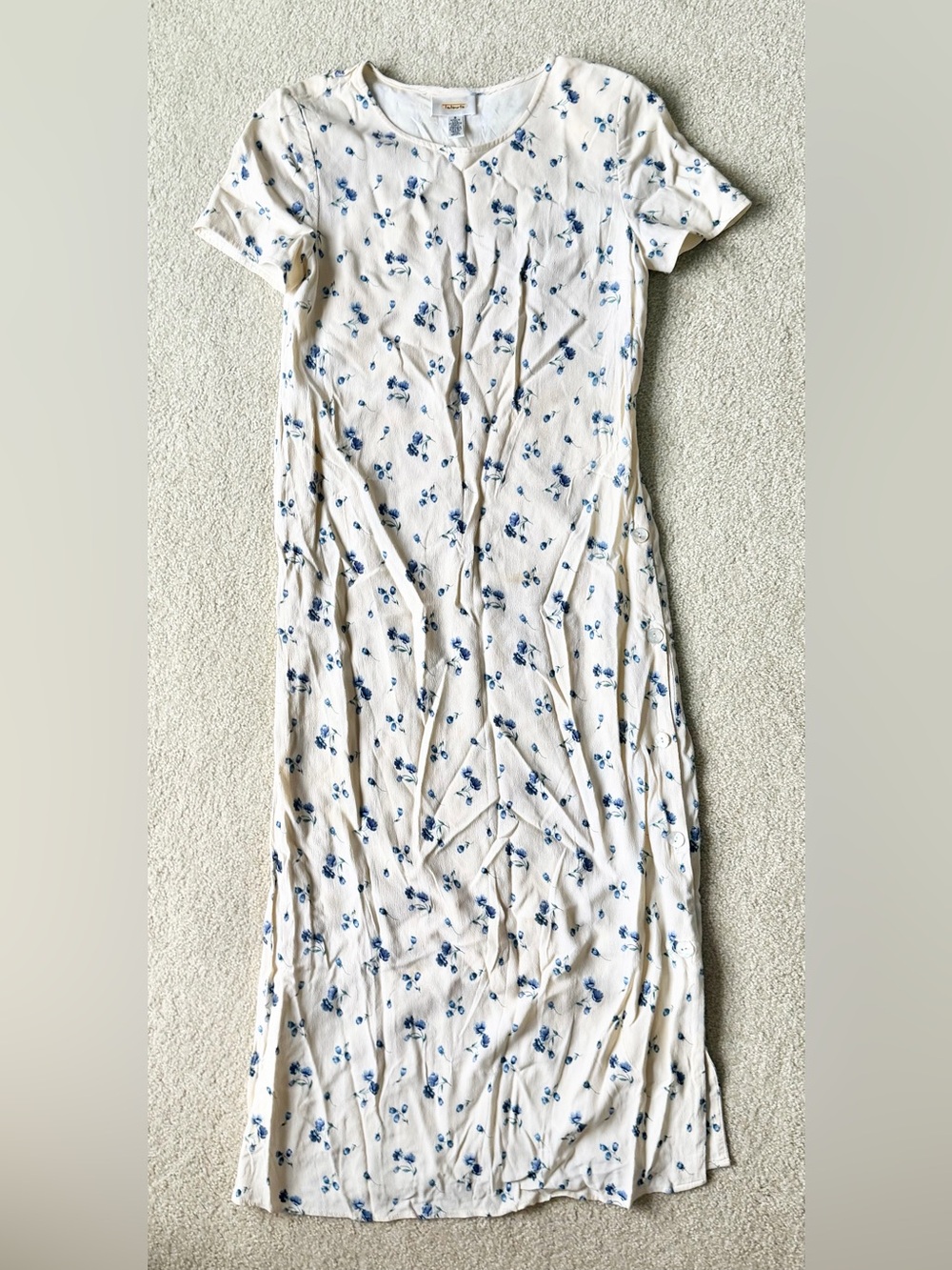 Talbots Long Cream and Blue Floral Dress W/ Shoulder Pads and MOP buttons Size 8